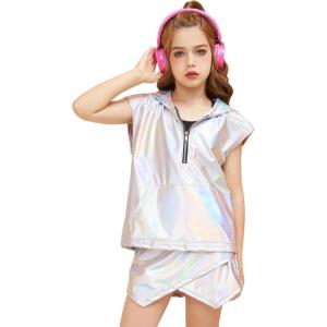 image:imagePerfashion Girls Vest Metallic Half Zip Hoodie Sleeveless Leather Disco Jackets with Kangaroo Pocket 413YLaser Silver Vest 01311