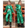 image:imagePerfashion Girls Long Sleeve Metallic Crop Tops Hip Hop Dance Hoodie Cropped Sweatshirt 413YGreen06