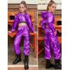 image:imagePerfashion Girls Long Sleeve Metallic Crop Tops Hip Hop Dance Hoodie Cropped Sweatshirt 413YPurple05