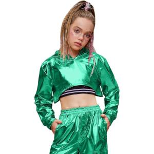 image:imagePerfashion Girls Long Sleeve Metallic Crop Tops Hip Hop Dance Hoodie Cropped Sweatshirt 413YGreen06