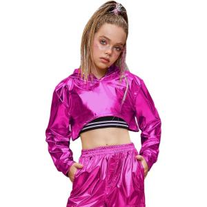 image:imagePerfashion Girls Long Sleeve Metallic Crop Tops Hip Hop Dance Hoodie Cropped Sweatshirt 413YHot Pink07