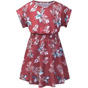 image:imagePerfashion Girls Summer Dresses Printed Casual Loose Sundress Smocked Waist RollSleeveRed Hawaiian 38d
