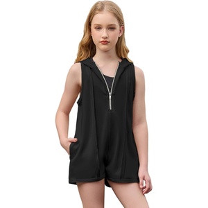 image:imagePerfashion Girls Summer Athletic Romper Shorts Hooded Jumpsuits Soft Sleeveless Overall With Pockets 413YBlack