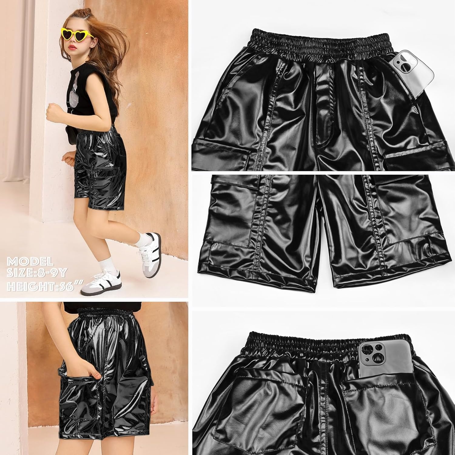 image:imagePerfashion Metallic Cargo Shorts for Girls Boys Y2K MultiPocket Shorts Streetwear Skater Shorts 413YBlack13416
