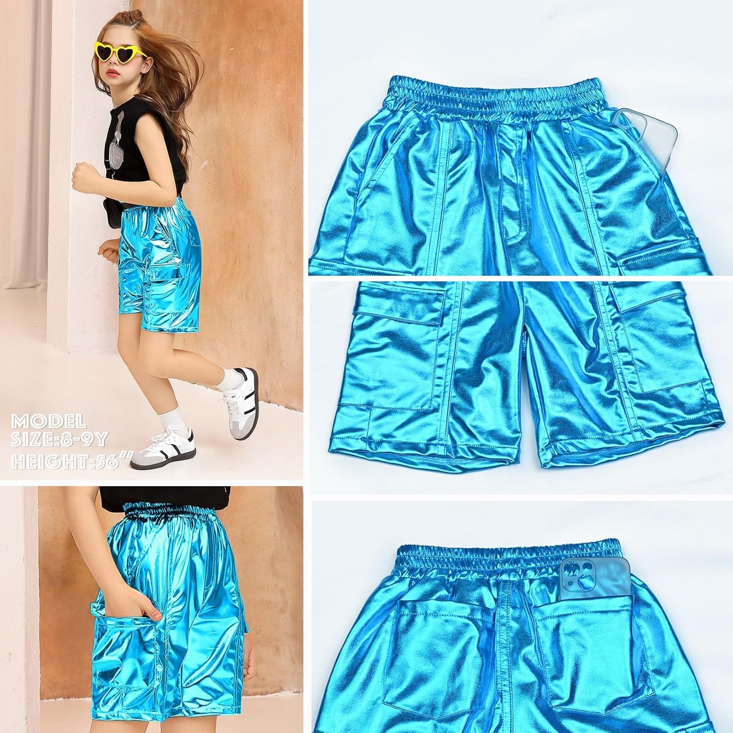 image:imagePerfashion Metallic Cargo Shorts for Girls Boys Y2K MultiPocket Shorts Streetwear Skater Shorts 413YBlue04416