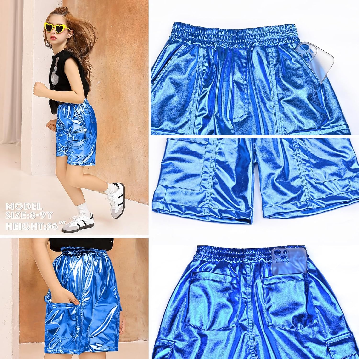 image:imagePerfashion Metallic Cargo Shorts for Girls Boys Y2K MultiPocket Shorts Streetwear Skater Shorts 413YDeep Blue24416