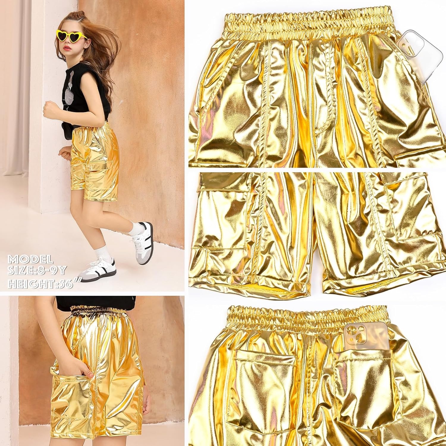 image:imagePerfashion Metallic Cargo Shorts for Girls Boys Y2K MultiPocket Shorts Streetwear Skater Shorts 413YGold03416
