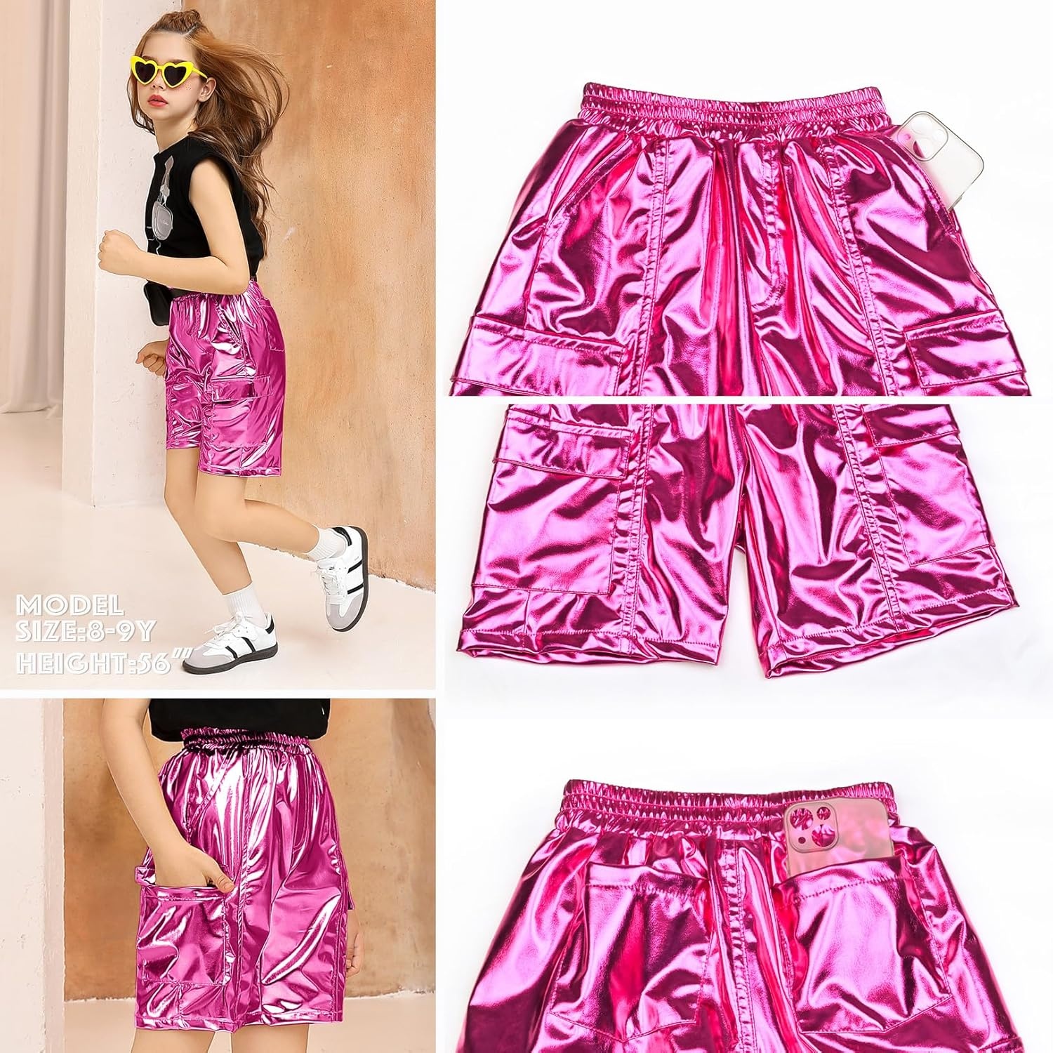 image:imagePerfashion Metallic Cargo Shorts for Girls Boys Y2K MultiPocket Shorts Streetwear Skater Shorts 413YHot Pink07416