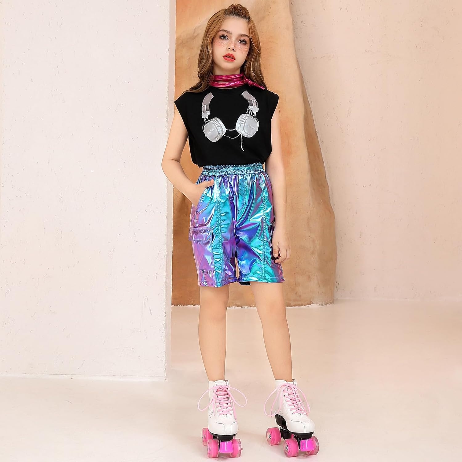 image:imagePerfashion Metallic Cargo Shorts for Girls Boys Y2K MultiPocket Shorts Streetwear Skater Shorts 413YLaser Blue13416