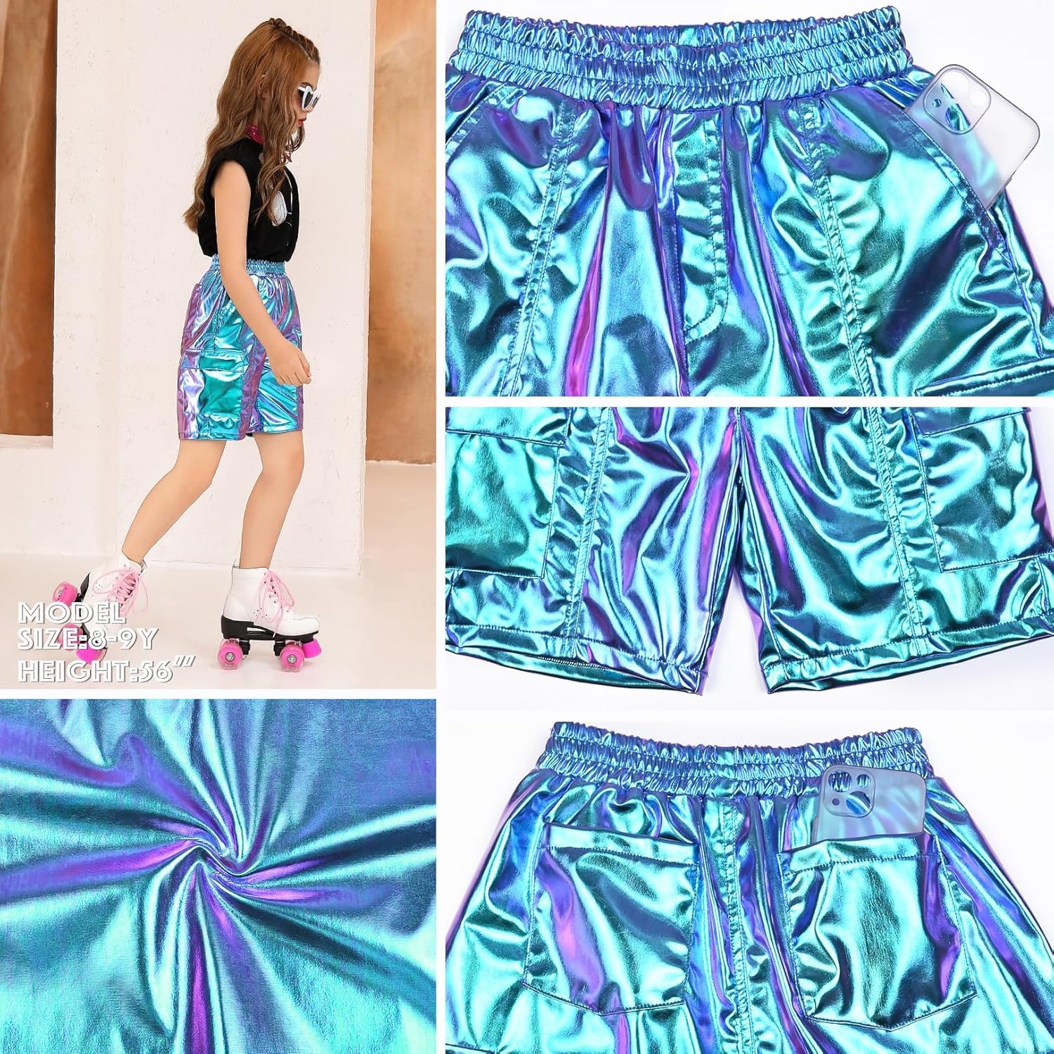 image:imagePerfashion Metallic Cargo Shorts for Girls Boys Y2K MultiPocket Shorts Streetwear Skater Shorts 413YLaser Blue13416