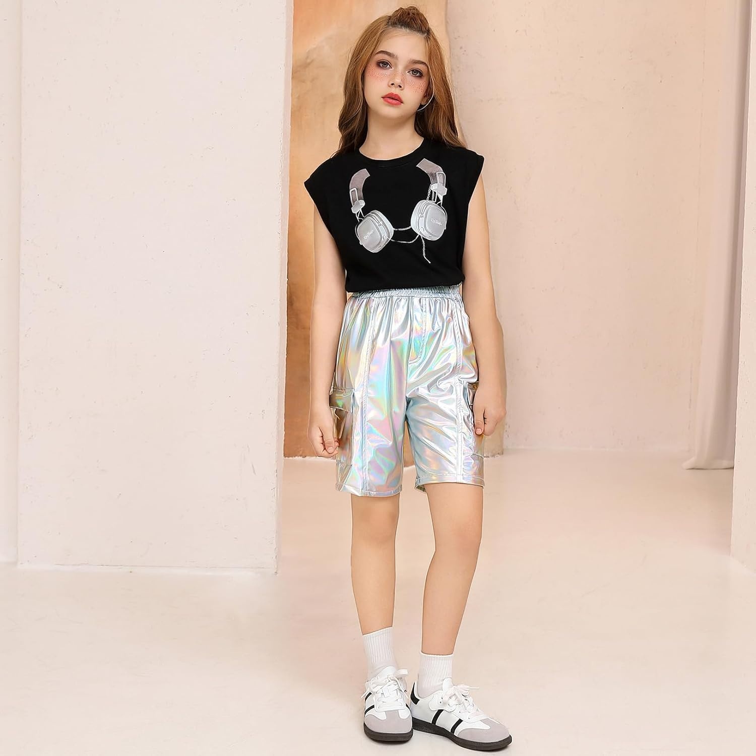 image:imagePerfashion Metallic Cargo Shorts for Girls Boys Y2K MultiPocket Shorts Streetwear Skater Shorts 413YLaser Silver01416