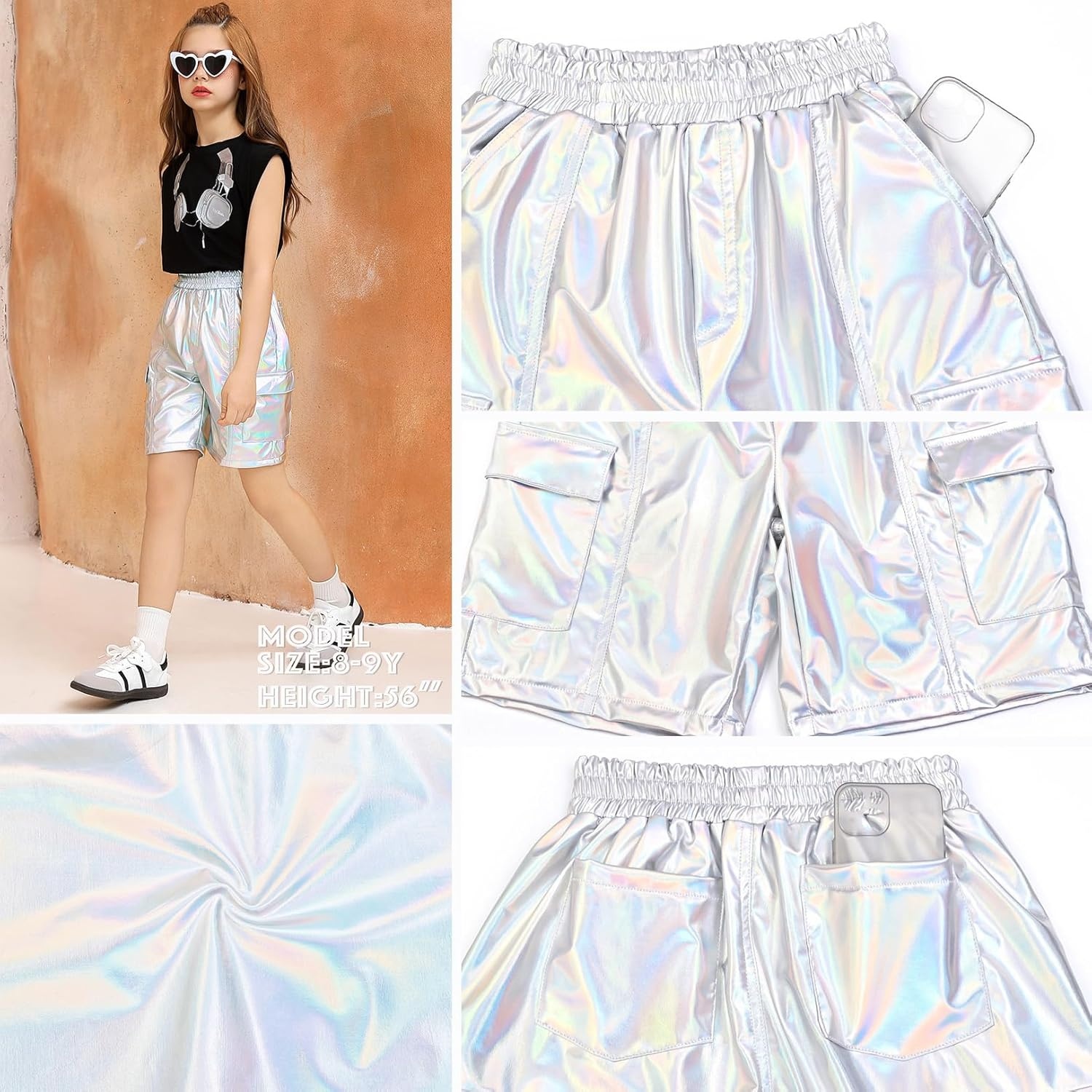 image:imagePerfashion Metallic Cargo Shorts for Girls Boys Y2K MultiPocket Shorts Streetwear Skater Shorts 413YLaser Silver01416