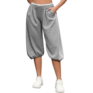 image:imagePerfashion Women Capri Sweatpants Joggers Double Waisted Barrel Harem Balloon Cropped Pants Lounge Yoga with PocketsLight Gray