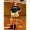 image:imagePerfashion Girls Metallic Shorts Shiny Y2K Hip Hop Dance Outfits Cheer Athletic with Mesh Liner Kids 413YGold