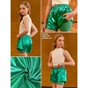 image:imagePerfashion Girls Metallic Shorts Shiny Y2K Hip Hop Dance Outfits Cheer Athletic with Mesh Liner Kids 413YGreen