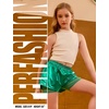 image:imagePerfashion Girls Metallic Shorts Shiny Y2K Hip Hop Dance Outfits Cheer Athletic with Mesh Liner Kids 413YGreen
