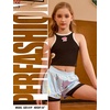 image:imagePerfashion Girls Metallic Shorts Shiny Y2K Hip Hop Dance Outfits Cheer Athletic with Mesh Liner Kids 413YLaser Silver