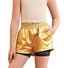 image:imagePerfashion Girls Metallic Shorts Shiny Y2K Hip Hop Dance Outfits Cheer Athletic with Mesh Liner Kids 413YGold
