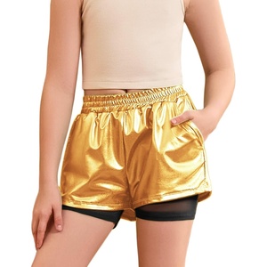 image:imagePerfashion Girls Metallic Shorts Shiny Y2K Hip Hop Dance Outfits Cheer Athletic with Mesh Liner Kids 413YGold