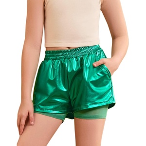 image:imagePerfashion Girls Metallic Shorts Shiny Y2K Hip Hop Dance Outfits Cheer Athletic with Mesh Liner Kids 413YGreen