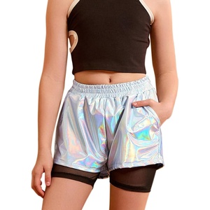 image:imagePerfashion Girls Metallic Shorts Shiny Y2K Hip Hop Dance Outfits Cheer Athletic with Mesh Liner Kids 413YLaser Silver